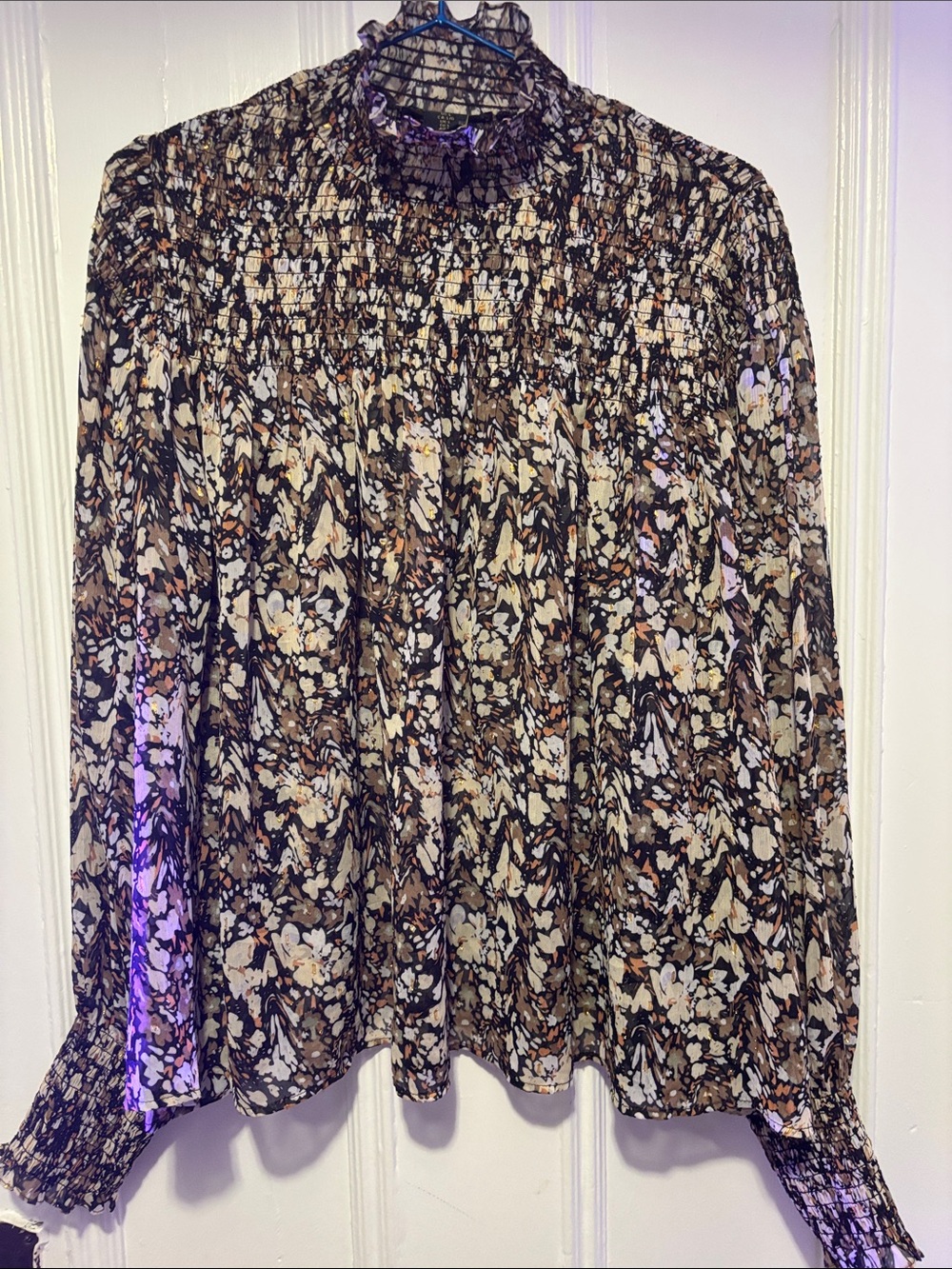 House of Harlow 1960 Brown Floral Smocked High-Neck Blouse